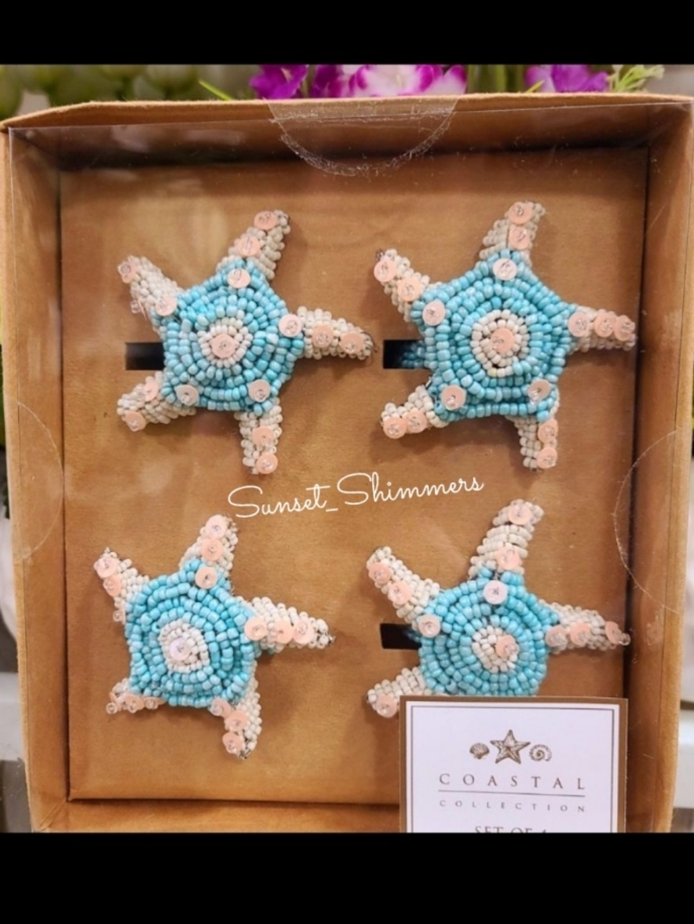 x4 Coastal Collection Starfish Sealife Beaded Napkin Rings Set New